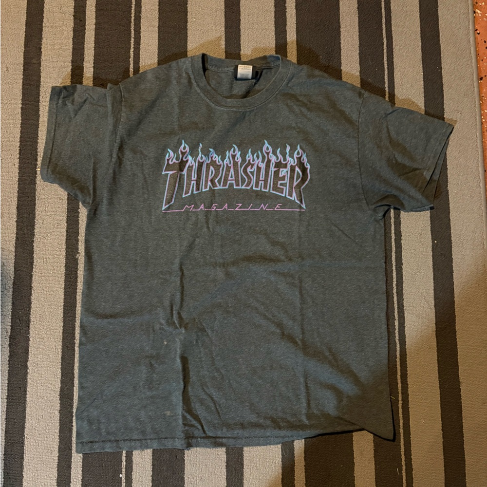 Thrasher Charcoal Tee with Lavender Logo